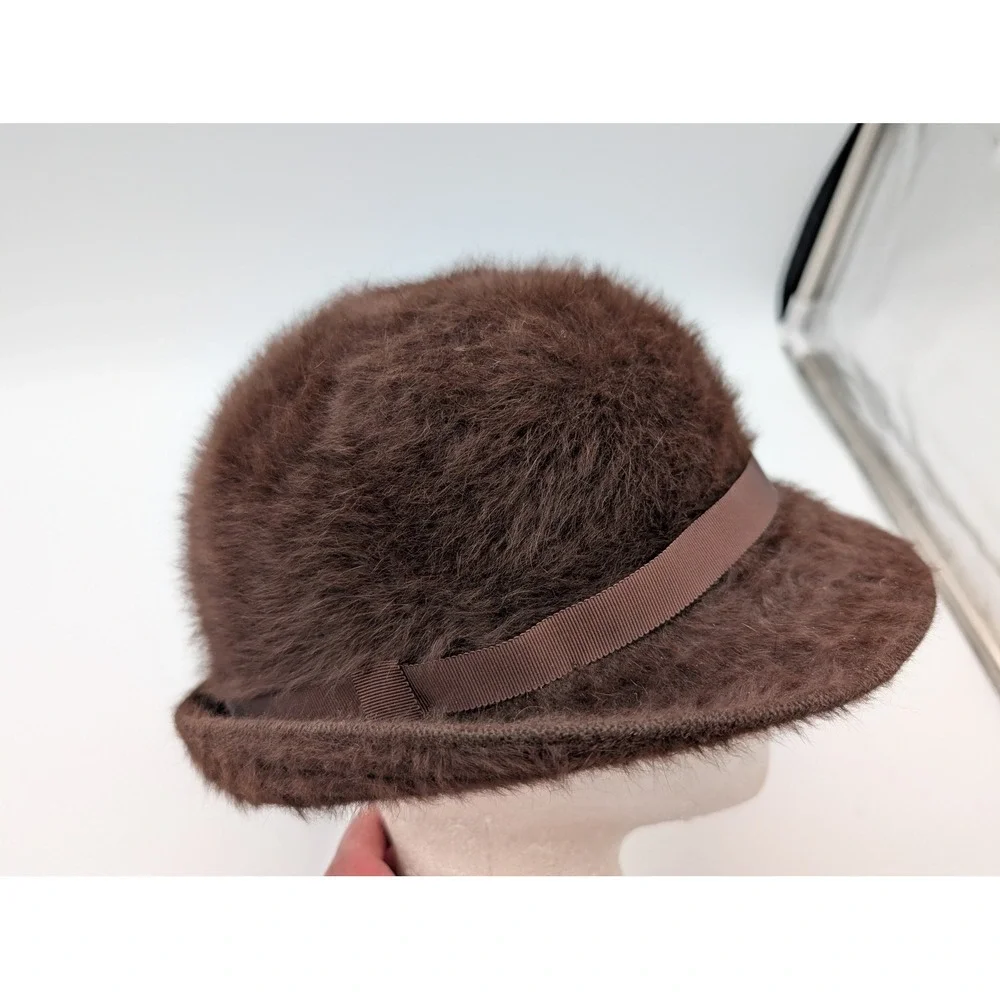 Vintage Kangol Design Brown Fuzzy Faux Fur Cloche Hat Made in England Grosgrain